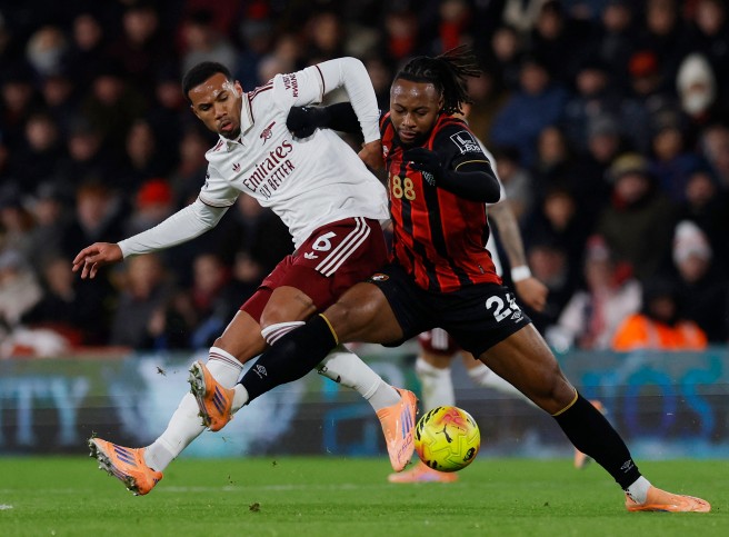 Gabriel Magalhaes, left, in action against Antoine Semenyo, scored Arsenal's equalizer. REUTERS