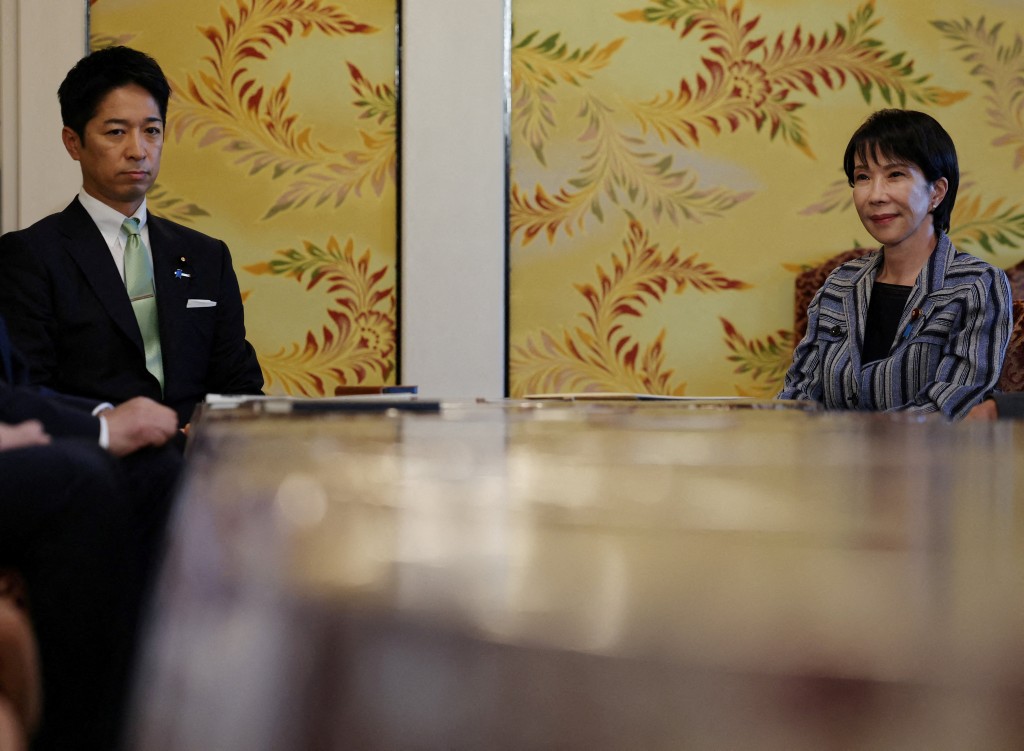 Leader of Japan's ruling Liberal Democratic Party (LDP) Sanae Takaichi meets Japan Innovation Party's co-leader Fumitake Fujita at Japan's National Diet Building in Tokyo, Japan, October 17, 2025. (Reuters)