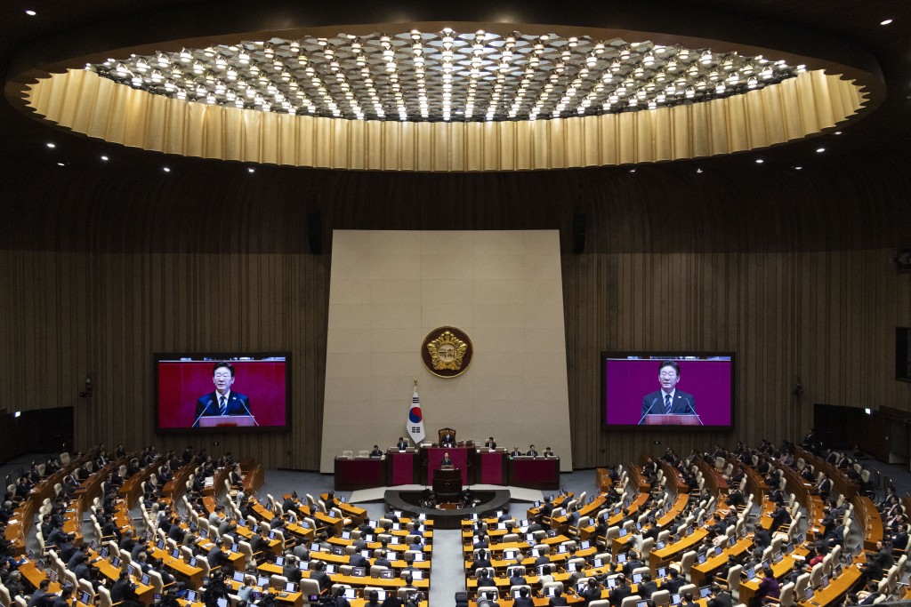 South Korean President Lee Jae Myung delivers a speech on the government's first supplementary budget bill of 2026 at the National Assembly in Seoul on April 2, 2026. (Photo by JEON HEON-KYUN / POOL / AFP)