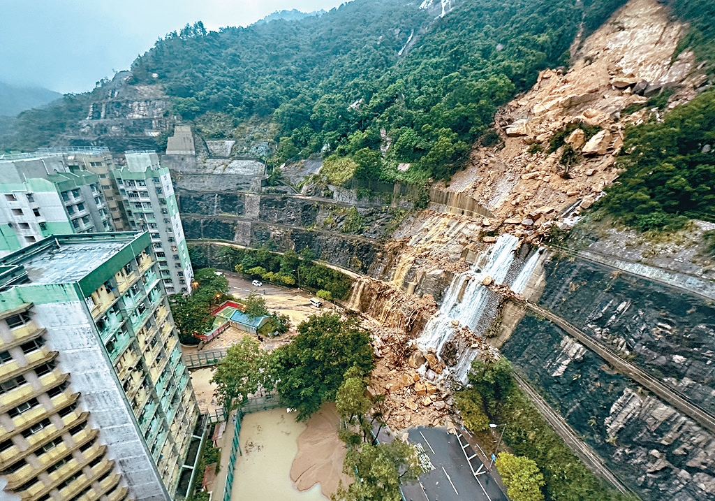 A severe landslide hits Shau Kei Wan during the record rainstorm of 2023.