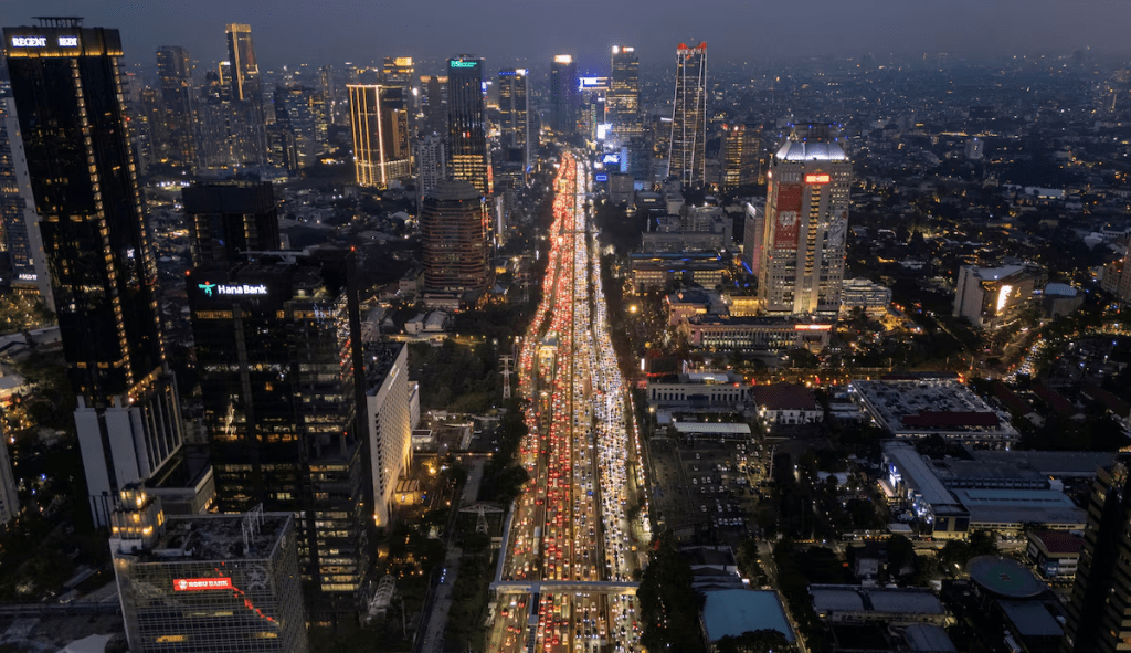 A drone view shows traffic during evening rush hours at the business district in Jakarta, Indonesia, February 3, 2026. REUTERS/Willy Kurniawan