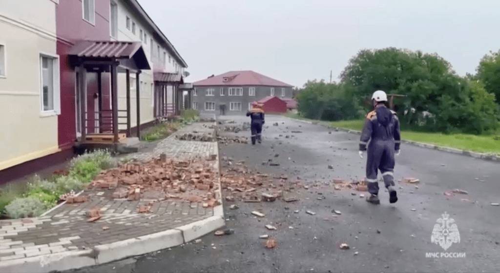 Rescuers examine a damaged building following a powerful earthquake on the island of Sakhalin, Russia, July 30, 2025, in this still image taken from video. Russian Emergencies Ministry/Handout via REUTERS