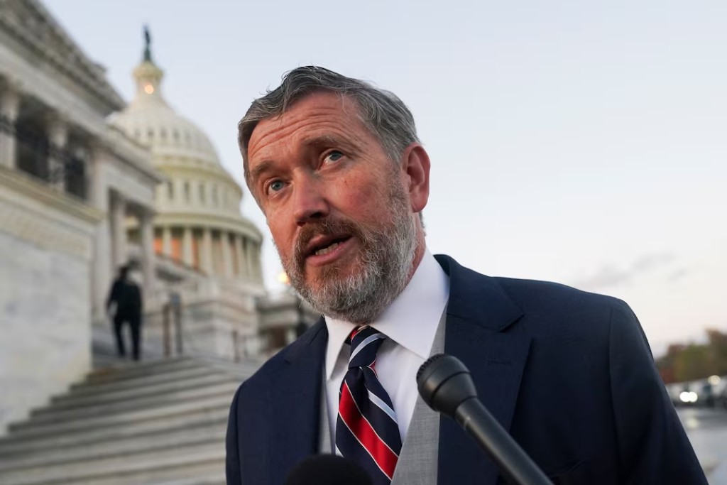 U.S. Representative Thomas Massie (R-KY) speaks with the media in front of the U.S. Capitol, as members of the U.S. House of Representatives returned to Washington after a 53-day break, for a vote that could bring the longest U.S. government shutdown in history to a close, in Washington, D.C., U.S., November 12, 2025. REUTERS/Nathan Howard
