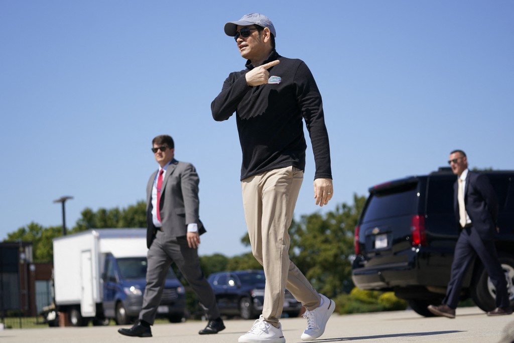 US Secretary of State Marco Rubio points while walking on the tarmac before departing for Israel at Joint Base Andrews, Maryland, on September 13, 2025. (AFP)