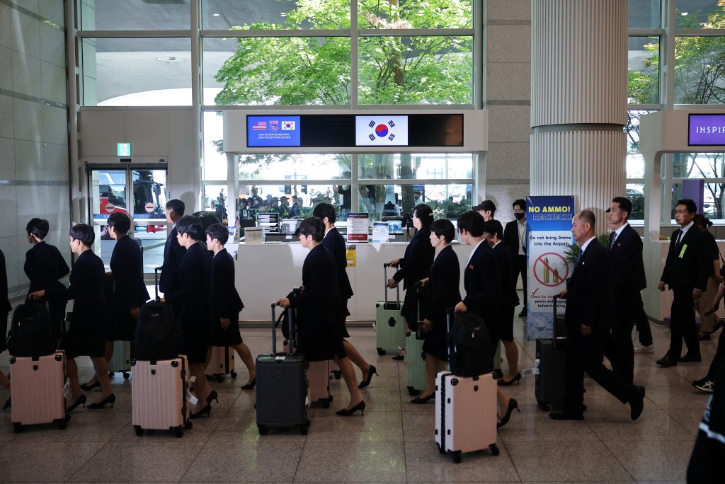 Members of North Korean soccer club Naegohyang Women’s FC arrive at Incheon International Airport for a match against South Korea's Suwon FC Women on May 20, in Incheon, South Korea, May 17, 2026. REUTERS/Kim Hong-Ji