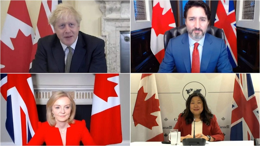 Canadian Prime Minister Justin Trudeau and British Prime Minister Boris Johnson, join Canada's International Trade Minister Mary Ng and British International Trade Secretary Liz Truss, to talk trade. Canadian Prime Minister Justin Trudeau and British Prime Minister Boris Johnson, join Canada's International Trade Minister Mary Ng and British International Trade Secretary Liz Truss, to talk trade.