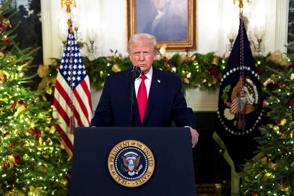 President Donald Trump delivers an address to the nation from the Diplomatic Reception Room of the White House, in Washington, D.C., U.S., Wednesday, Dec. 17, 2025. Doug Mills/Pool via REUTERS REFILE - QUALITY REPEAT