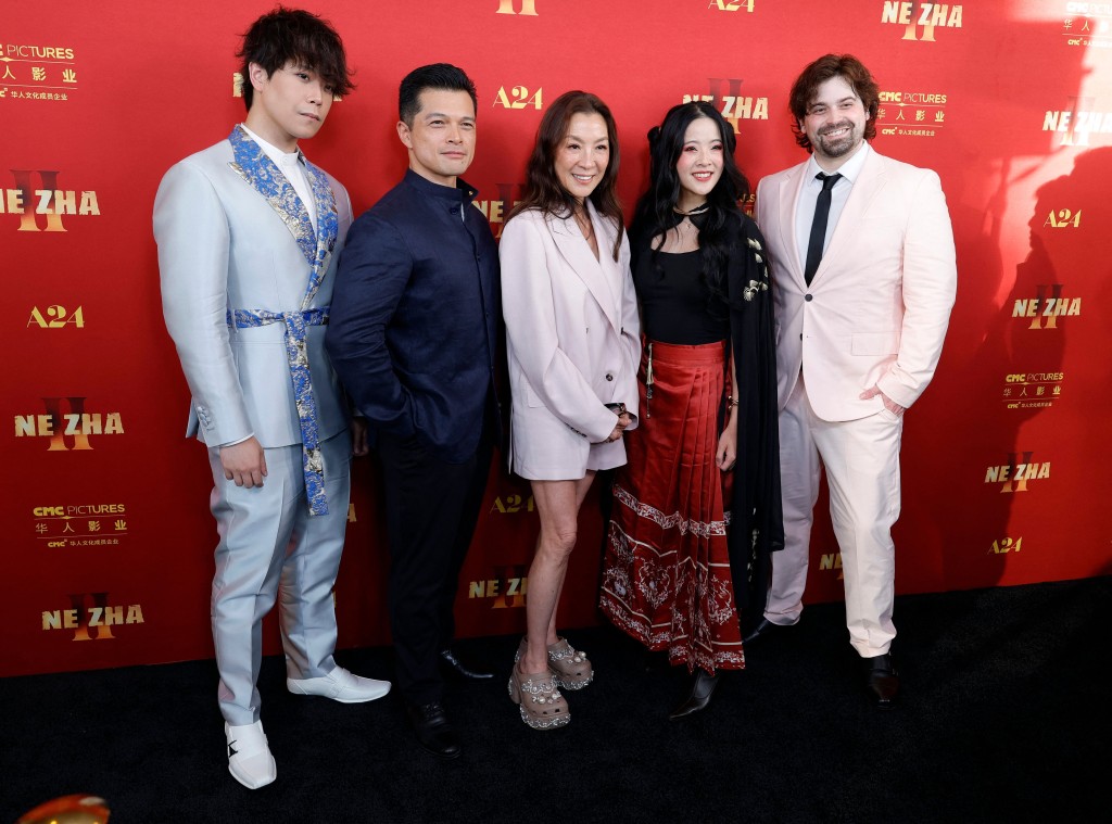 (L-R) Aleks Le, Vincent Rodriguez III, Michelle Yeoh, Crystal Lee and Damien Haas attend the Los Angeles premiere of A24 and CMC Pictures' "Ne Zha II" at AMC Century City 15 on August 04, 2025 in Los Angeles, California. Frazer Harrison/Getty Images/AFP