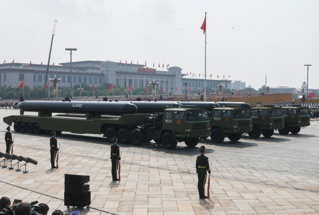 An AJX002 unmanned underwater vehicles is seen during a military parade marking the 80th anniversary of victory over Japan and the end of World War II, in Beijing’s Tiananmen Square on September 3, 2025. (Reuters)