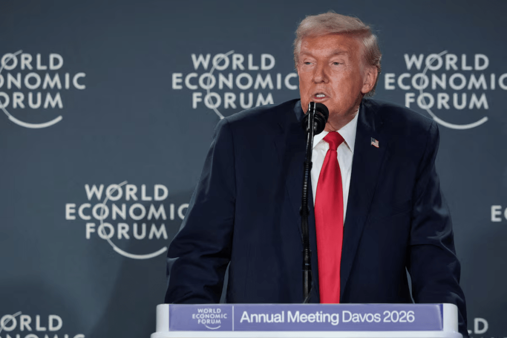 U.S. President Donald Trump speaks during a reception with business leaders at the 56th annual World Economic Forum (WEF), in Davos, Switzerland, January 21, 2026. REUTERS/Jonathan Ernst/File Photo