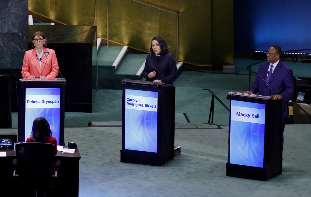 Photo by LEONARDO MUNOZ / AFP  Candidates for United Nations Secretary-General position Costa Rican economist and Secretary-General of UNCTAD Rebeca Grynspan, Guyana’s former foreign minister Carolyn Rodrigues Birkett and Senegal’s former president Macky Sall participate in a debate at the UN General Assembly Hall in New York, on July 23, 2026.