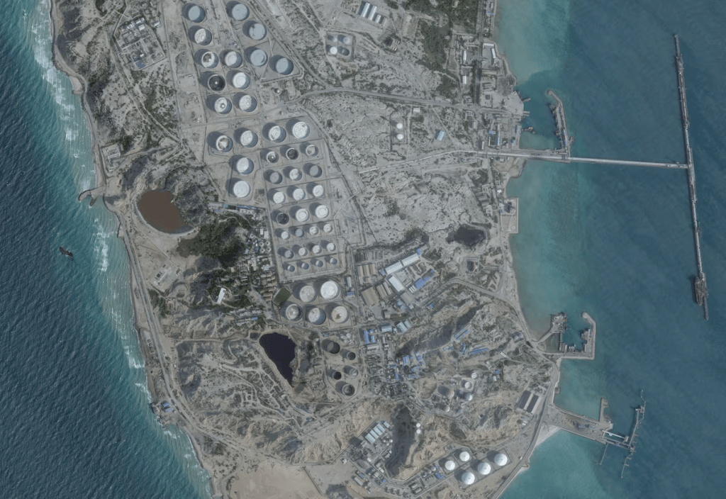 A satellite image shows an oil terminal at Kharg Island, Iran, February 25, 2026. 2026 Planet Labs PBC/Handout via REUTERS