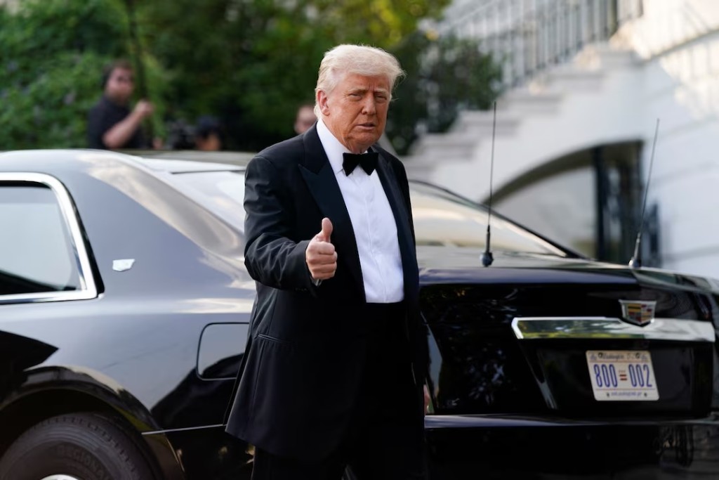 U.S. President Donald Trump gestures as he leaves to attend "Les Miserables" opening night at the Kennedy Center in Washington, D.C., U.S., June 11, 2025. REUTERS/Kent Nishimura