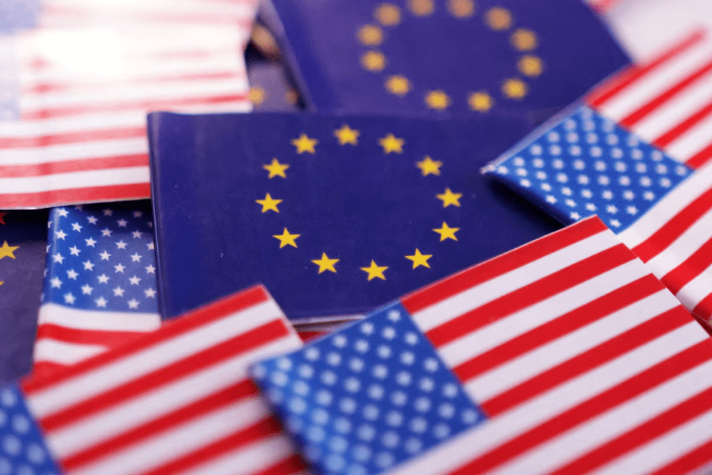 U.S. and European Union flags are seen in this illustration taken March 20, 2025. REUTERS/Dado Ruvic/Illustration/File Photo