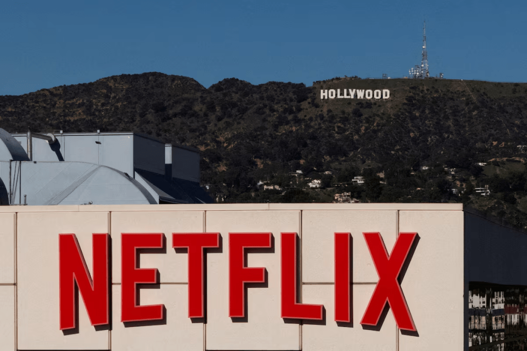 A drone view shows the Netflix logo on one of their buildings in the Hollywood neighborhood of Los Angeles, California, December 8, 2025. REUTERS/Daniel Cole/File Photo