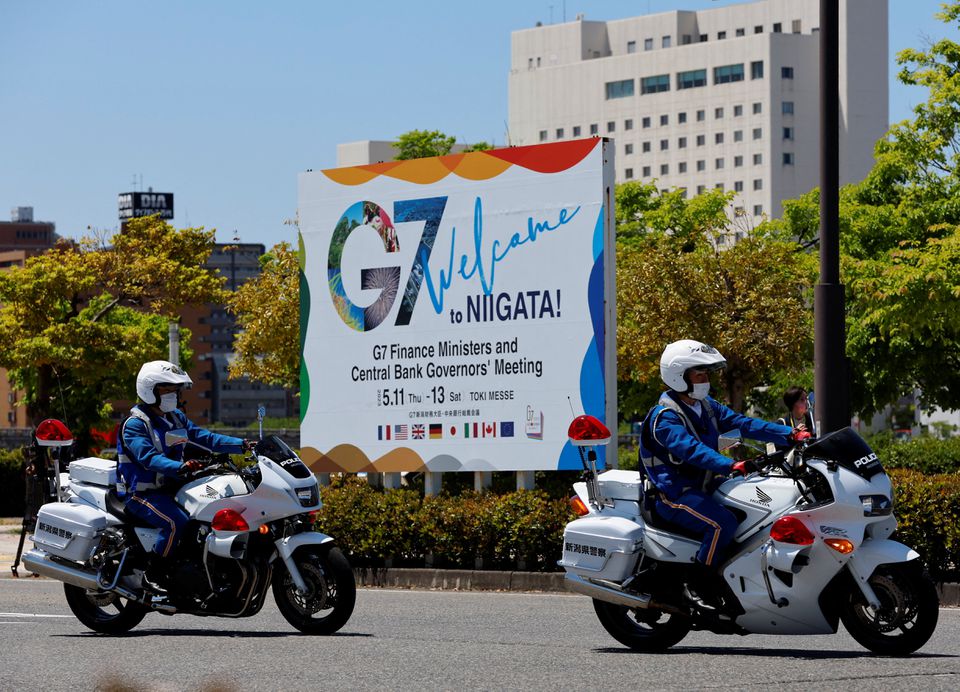 Police officers riding motorbikes patrol near the venue of the G7 Finance Ministers and Central Bank Governors' meeting, in Niigata, Japan, May 11, 2023. (Reuters) Police officers riding motorbikes patrol near the venue of the G7 Finance Ministers and Central Bank Governors' meeting, in Niigata, Japan, May 11, 2023. (Reuters)