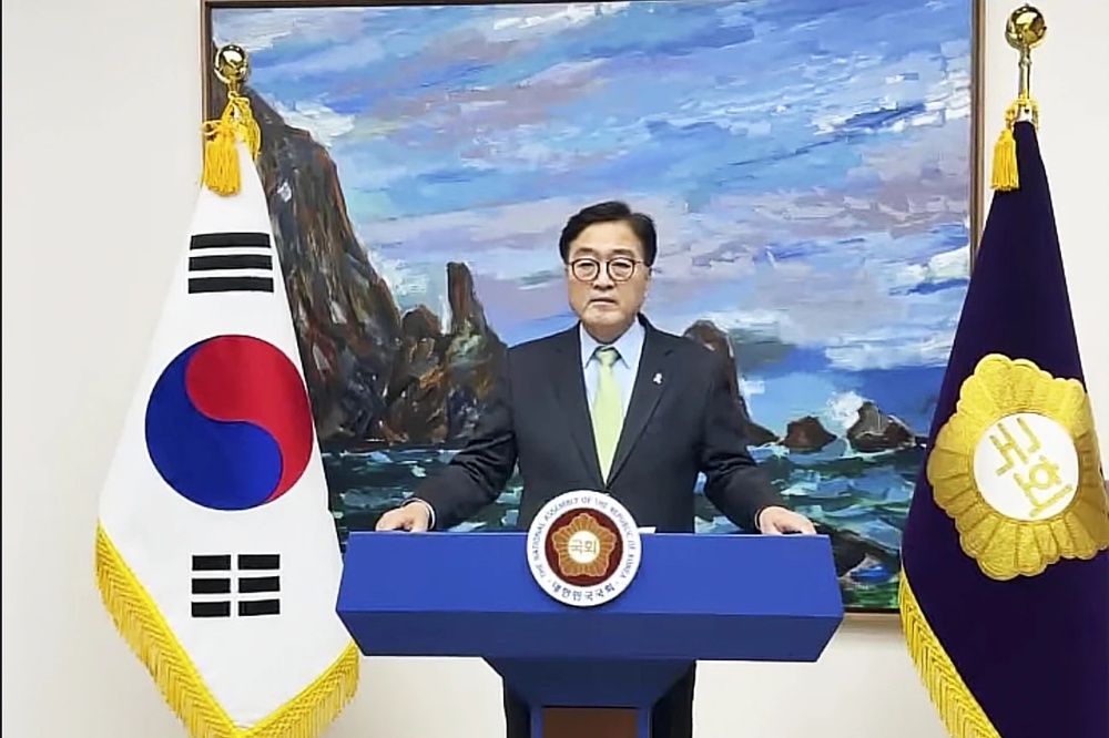 In this photo taken from video released by South Korea’s National Assembly Speaker’s Office on Tuesday, Dec. 3, 2024, South Korea’s National Assembly Speaker Woo Won-shik delivers his speech. (AP)
