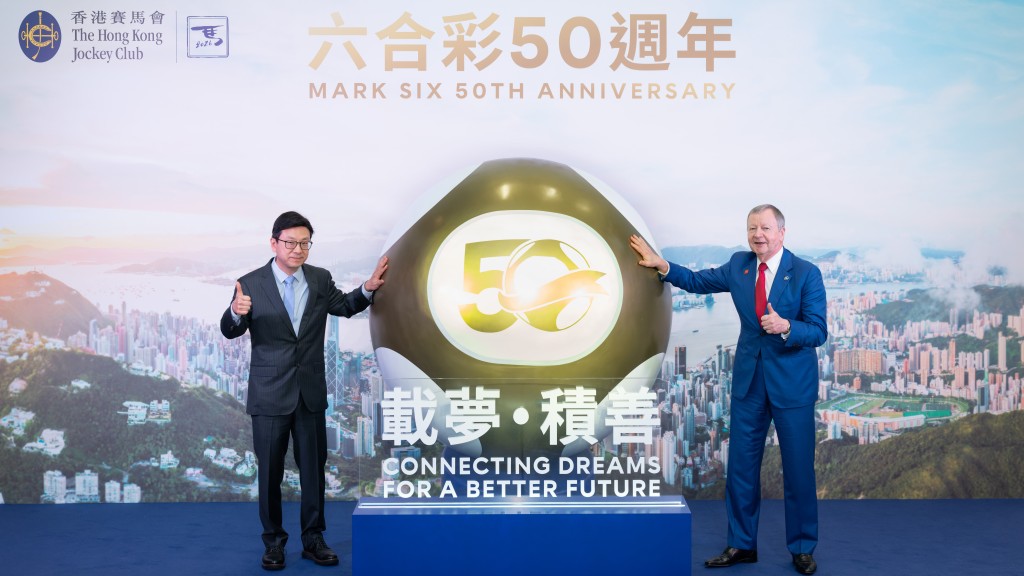 The opening ceremony of the “Mark Six 50th Anniversary Exhibition” was officiated by Chris Sun, HKSAR Government Secretary for Labour and Welfare (left), together with Winfried Engelbrecht‑Bresges, Chief Executive Officer of The Hong Kong Jockey Club (right).