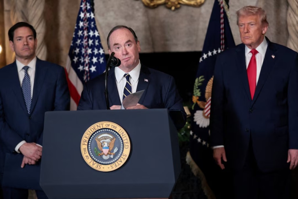 U.S. Secretary of the Navy John Phelan speaks, after President Donald Trump announced the Navy's "Golden Fleet", at Mar-a-lago in Palm Beach, Florida, U.S., December 22, 2025. REUTERS/Jessica Koscielniak/File Photo