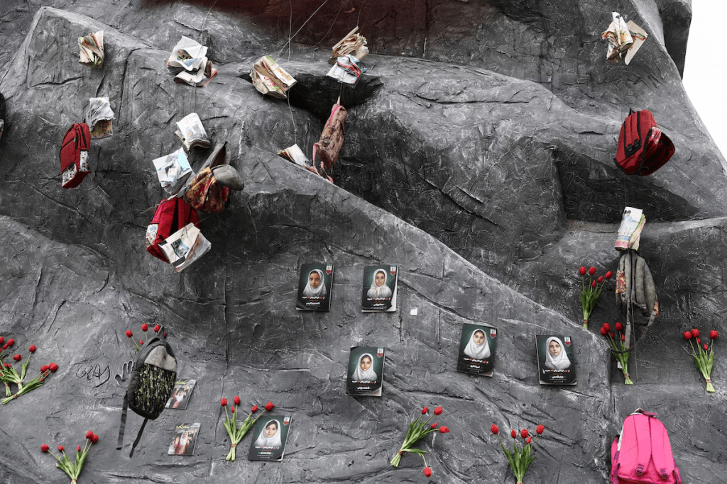 Pictures of child victims killed in strikes, are displayed in a square, amid the U.S.-Israeli conflict with Iran, in Tehran, Iran, March 28, 2026. Majid Asgaripour/WANA (West Asia News Agency) via REUTERS