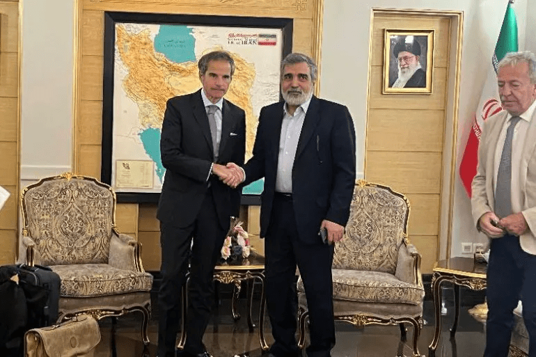 International Atomic Energy Agency (IAEA) chief Rafael Grossi meets with Atomic Energy Organization of Iran (AEOI) spokesman Behrouz Kamalvandi upon Grossi's arrival in Tehran, Iran [WANA via Reuters]
