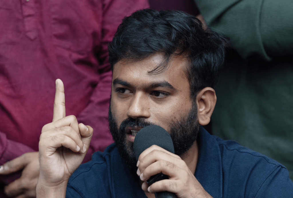 Abhijeet Dipke, founder of the Cockroach Janata Party (CJP) gestures as he addresses a press conference in New Delhi, India, October 15, 2026. REUTERS/Adnan Abidi 