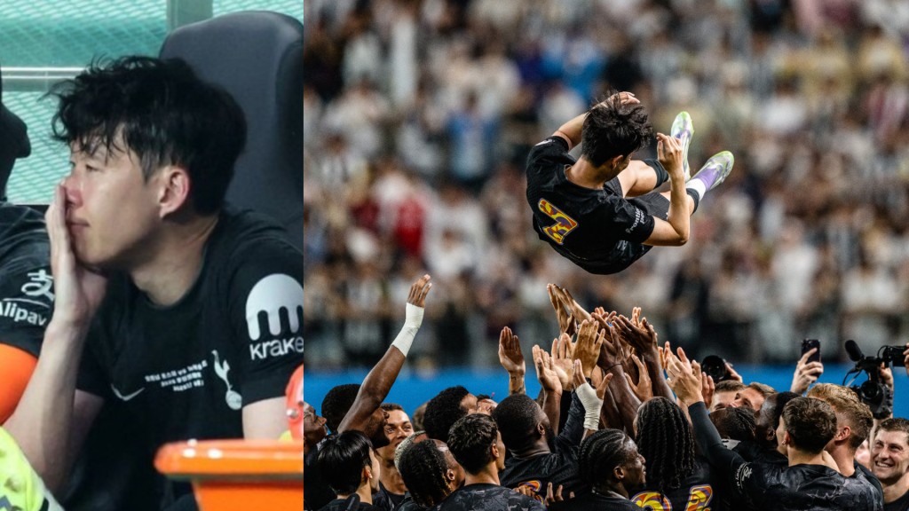 Teammates lift Tottenham Hotspur's captain Son Heung-min up in the air during celebrations to bid him farewell at the end of a friendly football match between Tottenham Hotspur and Newcastle United in Seoul on August 3, 2025. (Reuters, AFP)