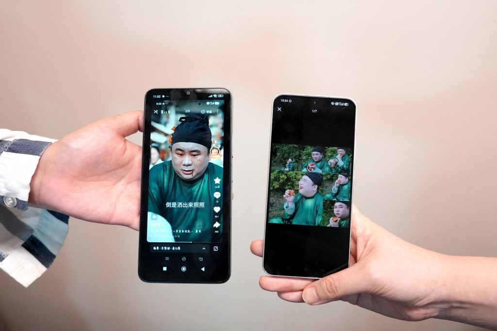 This photo illustration taken in Hong Kong on April 16, 2026 shows phones displaying the screenshots of Chinese Hanfu stylist Baicai's social media post (L) and the AI microdrama (R) accused of stealing his likeness without authorization. AFP