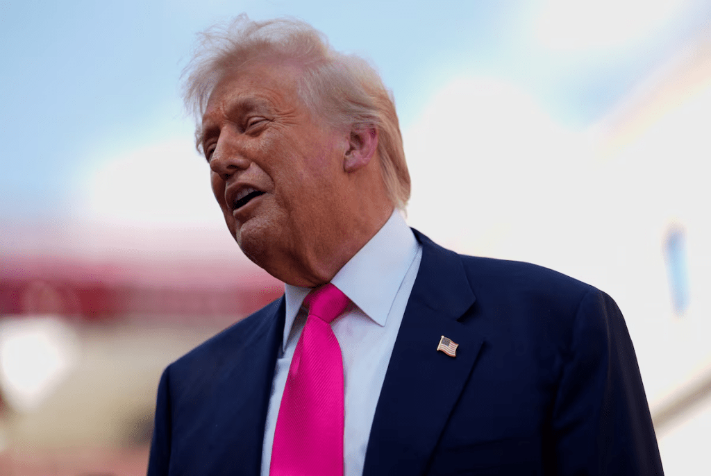 U.S. President Donald Trump speaks to the media during a tour of the Federal Reserve Board building, which is currently undergoing renovations, in Washington, D.C., U.S., July 24, 2025. REUTERS/Kent Nishimura 