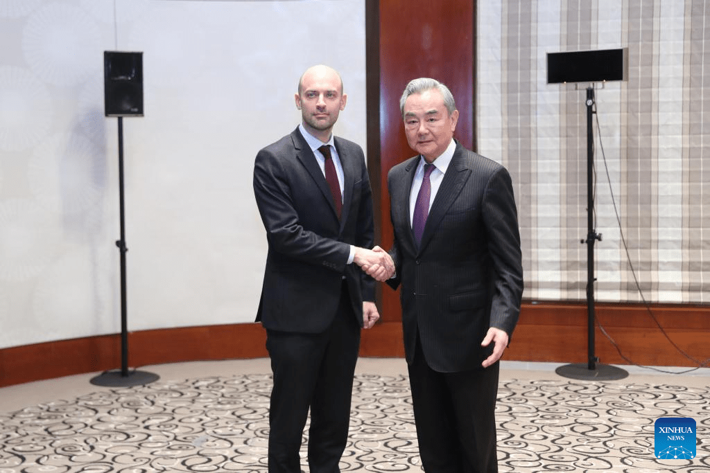 Chinese Foreign Minister Wang Yi, also a member of the Political Bureau of the Communist Party of China Central Committee, meets with French Foreign Minister Jean-Noel Barrot on the sidelines of the Munich Security Conference in Munich, Germany, Feb. 13, 2026. (Xinhua/Du Zheyu)