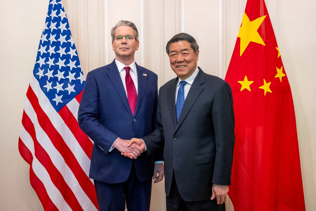 US Secretary of the Treasury Scott Bessent, left, shakes hands with Chinese Vice Premier He Lifeng, right, during a bilateral meeting between the United States and China, in Geneva, Switzerland, on Saturday, May 10, 2025. (Reuters)