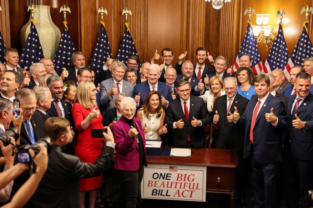 U.S. House of Representatives Speaker Mike Johnson gestures after signing the U.S. President Donald Trump's sweeping spending and tax bill, on Capitol Hill in Washington, D.C., U.S., July 3, 2025. (REUTERS/Umit Bektas)