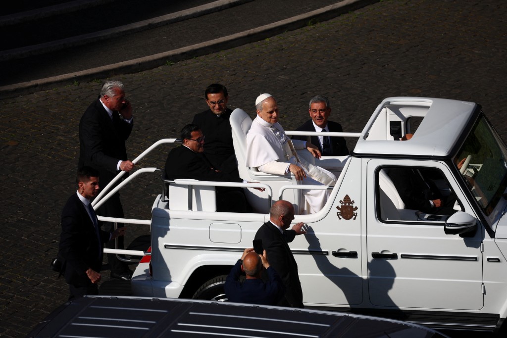 Pope Leo XIV arrives on the popemobile for his inaugural Mass at the Vatican, May 18, 2025. (Reuters)