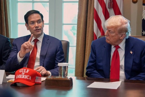 Secretary of State Marco Rubio speaks during a cabinet meeting at the White House, Wednesday, April 30, 2025, in Washington, as President Donald Trump look on. (AP Photo/Evan Vucci)[ASSOCIATED PRESS/Evan Vucci]