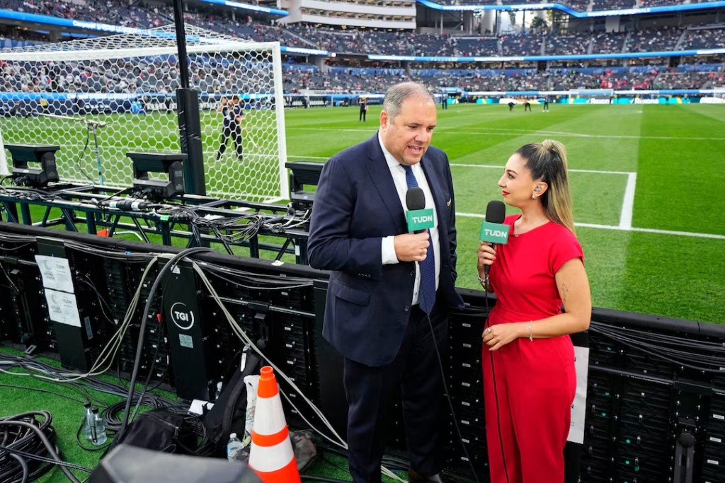 Concacaf president Victor Montagliani is interviewed for TV before the Concacaf Nations League final between Mexico and Panama at SoFi Stadium. (Reuters)