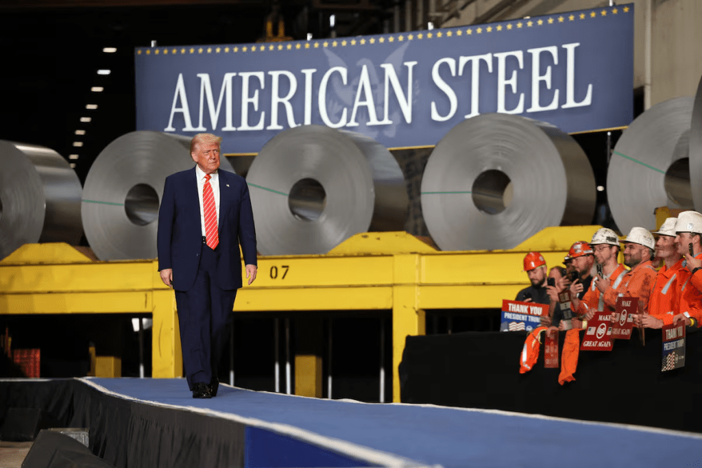 U.S. President Donald Trump walks as workers react at U.S. Steel Corporation–Irvin Works in West Mifflin, Pennsylvania, U.S., May 30, 2025. REUTERS/Leah Millis