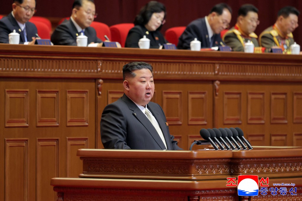 This picture taken on February 19, 2026 and released by North Korea's official Korean Central News Agency (KCNA) on February 20, 2026 shows North Korean leader Kim Jong Un delivering the opening address at the Ninth Congress of the Workers' Party of Korea in Pyongyang. (Photo by KCNA VIA KNS / AFP) 