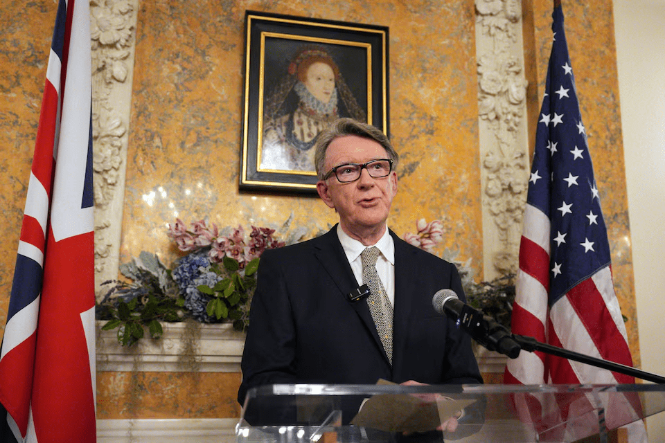 Britain's ambassador to the United States, Peter Mandelson, speaks during a welcome reception for British Prime Minister, Keir Starmer, at the ambassador's residence on February 26, 2025, in Washington, D.C., U.S., Carl Court/Pool via REUTERS