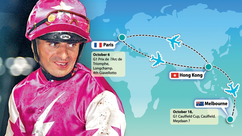 Andrea Atzeni was fourth in the G1 Prix de l"arc de Triomphe on Giavellotto and heads to Melbourne on October 18 to ride Meydaan in the G1 Caulfield Cup (SING TAO) 