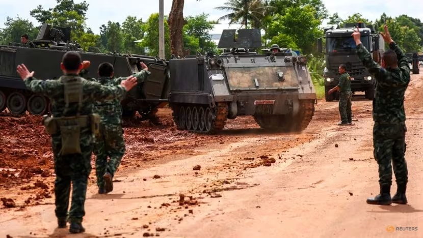 Armoured personnel carriers (APC) are seen on a road near Thailand-Cambodia's border in Thailand's Sisaket province, the day after the leaders of Cambodia and Thailand agreed to a ceasefire, on Jul 29, 2025. (Photo: Reuters/Athit Perawongmetha)