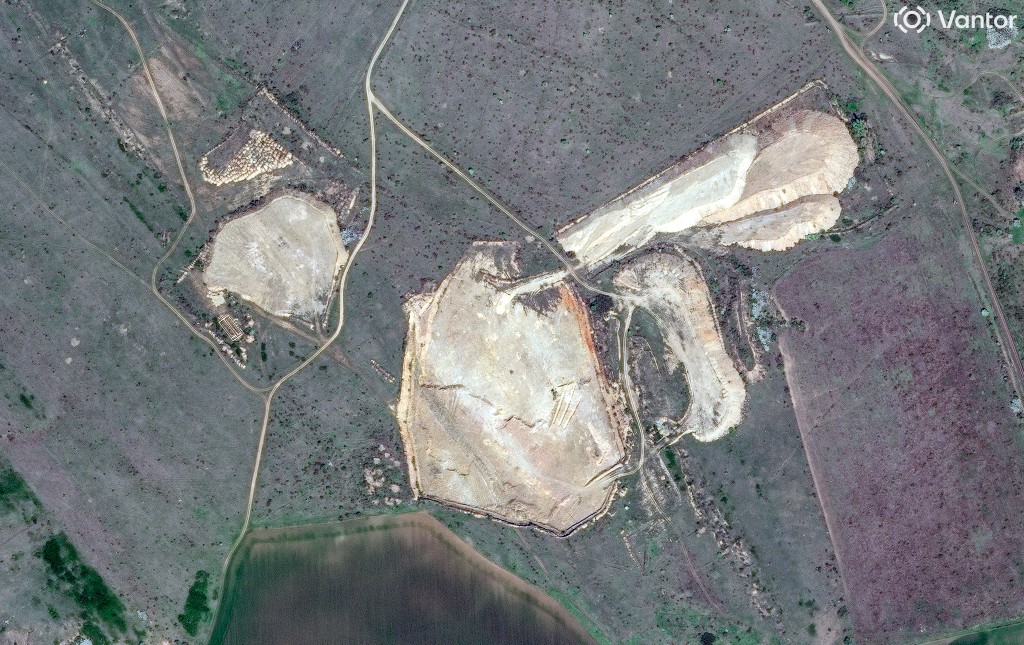 A satellite image shows the Bobrykivske gold mine in occupied Luhansk, eastern Ukraine, in this handout image taken on April 18, 2025.