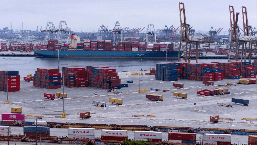 A drone view shows shipping containers from China at the Port of Los Angeles, in San Pedro, California, U.S., May 1, 2025. REUTERS/Mike Blake/File Photo 