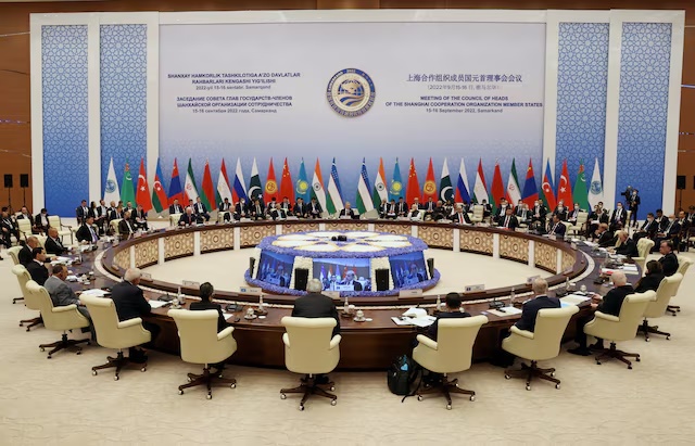 Participants of the Shanghai Cooperation Organization summit attend an extended-format meeting of heads of SCO member states in Samarkand, Uzbekistan September 16, 2022. Sputnik/Sergey Bobylev/Pool via REUTERS 