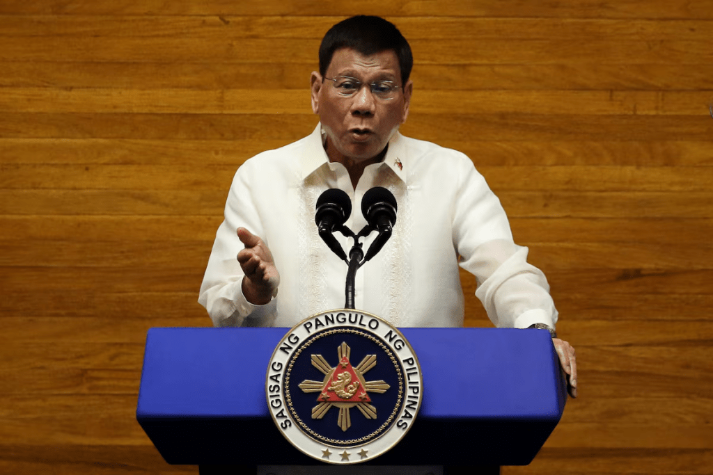Philippine President Rodrigo Duterte gestures as he delivers his 6th State of the Nation Address (SONA), at the House of Representative in Quezon City, Metro Manila, Philippines, July 26, 2021. REUTERS/Lisa Marie David/ File Photo