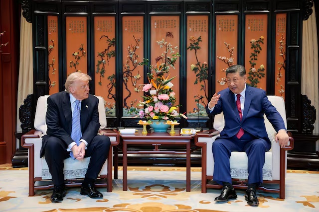 Chinese President Xi Jinping speaks during a meeting with U.S. President Donald Trump on the sidelines of their visit to the Zhongnanhai Garden in Beijing, China, May 15, 2026. REUTERS/Evan Vucci/Pool/ File Photo