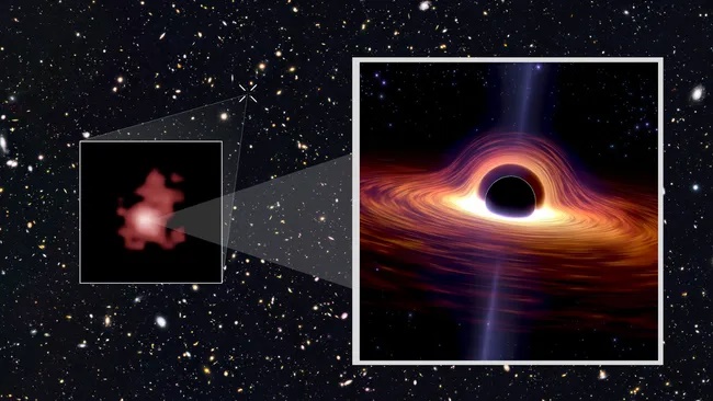 The galaxy GN-z11 as seen by the Hubble space telescope and an illustration of a feeding black hole (inset). The galaxy GN-z11 as seen by the Hubble space telescope and an illustration of a feeding black hole (inset).