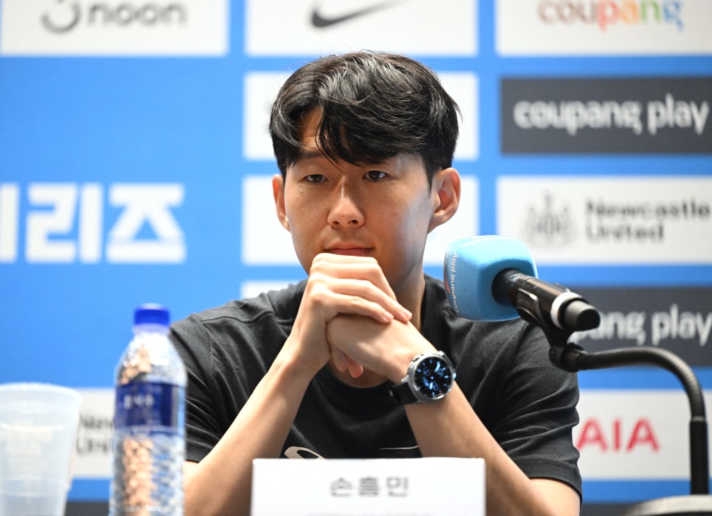 Tottenham Hotspur's Son Heung-min reacts during a pre-match press conference in Seoul on August 2, 2025, ahead of the friendly football match between Newcastle United and Tottenham Hotspur. (AFP)