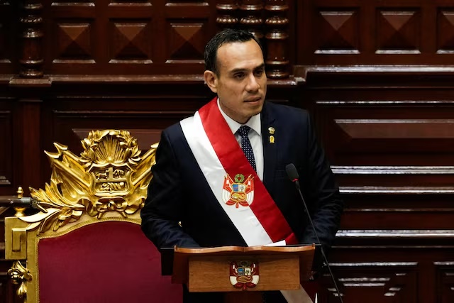 Peru's new president Jose Jeri looks on during the swearing-in ceremony, after Congress voted to remove former President Dina Boluarte, in Lima, October 10, 2025. REUTERS/Angela Ponce