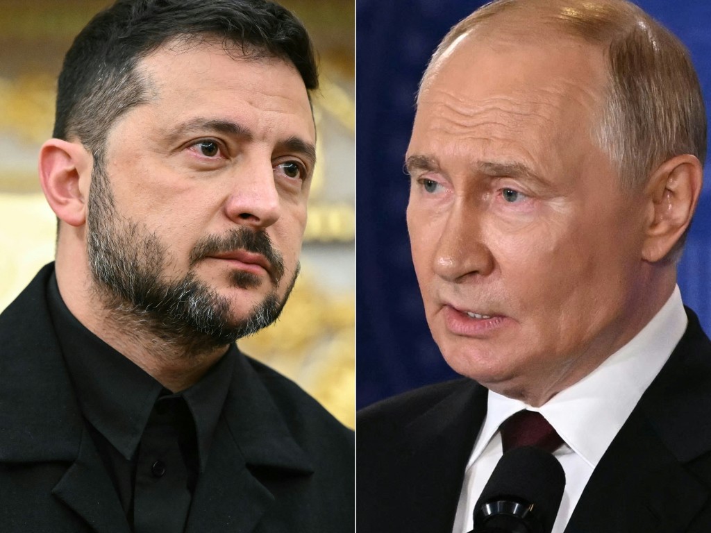 This combination of pictures created on August 18, 2025 shows Ukrainian President Volodymyr Zelensky (L) in Washington, DC, on August 18, 2025 and Russian President Vladimir Putin in Anchorage, Alaska, on August 15, 2025. (Photo by Mandel NGAN and ANDREW CABALLERO-REYNOLDS / AFP)