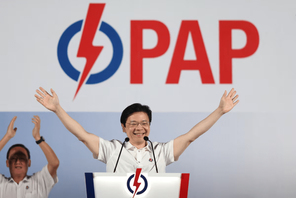 Singapore's Prime Minister Lawrence Wong gestures at a People's Action Party (PAP) rally ahead of the general election in Singapore April 26, 2025. REUTERS/Edgar Su/File Photo